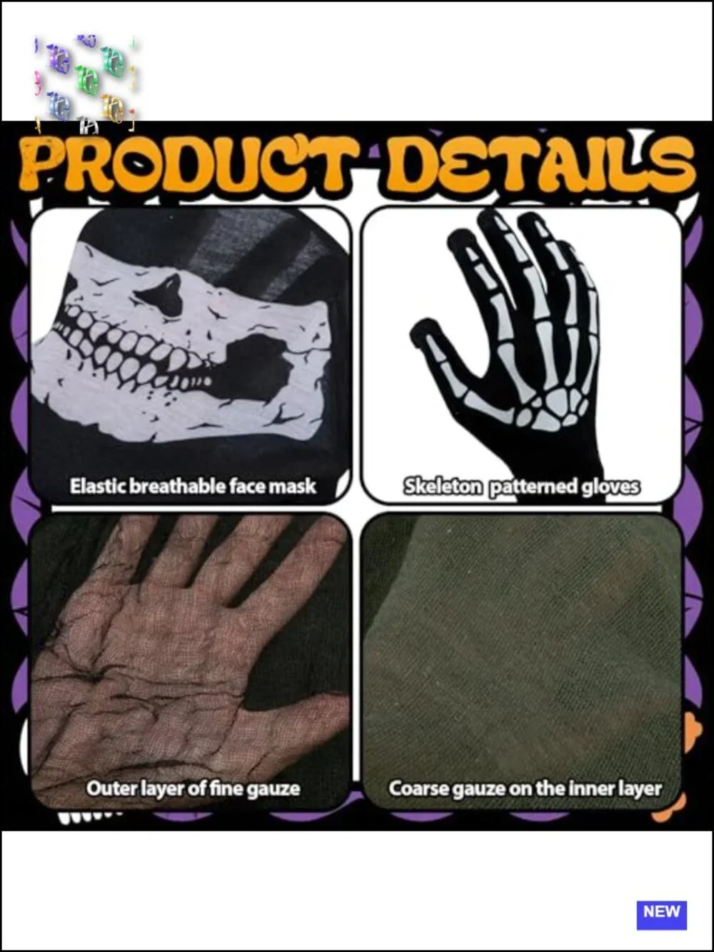 Halloween Hooded Mesh Cloak Costume Set with Gloves Mask Tattoos